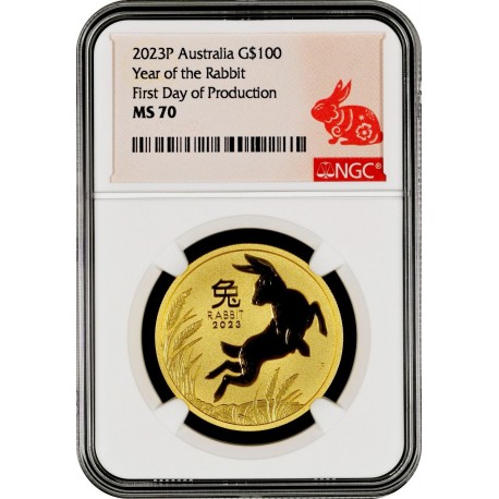 PM Lunar 3 RABBIT 1 oz GOLD 2023 BU $100 Australia PCGS MS 70