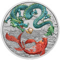 PM 1 oz silver DRAGON AND KOI $1 bu VIVID COLOURED CHINESE MYTHS & LEGENDS 