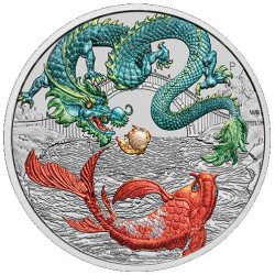 PM 1 oz silver DRAGON AND KOI $1 bu VIVID COLOURED CHINESE MYTHS & LEGENDS 