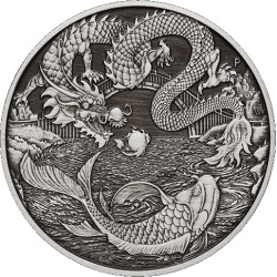 PM 1 oz silver DRAGON AND KOI 2023 $1 ANTIQUED Chinese Myths & Legends