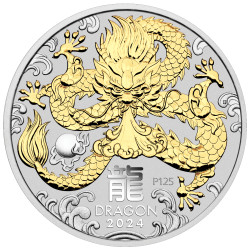 Australian Lunar Series III 2024 Year of the Dragon 1oz Silver Gilded Coin IN CAPSULE