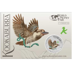 World Money Fair - Coin Show Special Australian Kookaburra 2024 1oz Silver Coloured Coin in Card