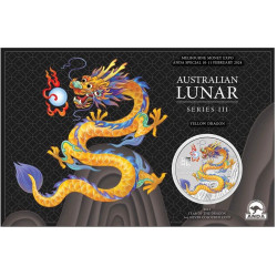 Melbourne Money Expo ANDA Special Australian Lunar Series III 2024 Year of the Dragon 1oz Silver Yellow Coloured Coin in Card