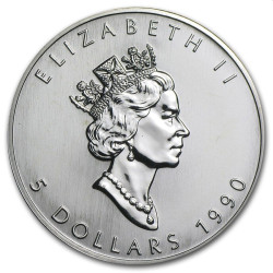 Canada 1 oz silver MAPLE LEAF 1990 $5 bu