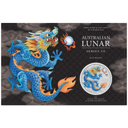 Perth Stamp and Coin Show Special Australian Lunar Series III 2024 Year of the Dragon 1oz Silver Blue Coloured Coin in Card