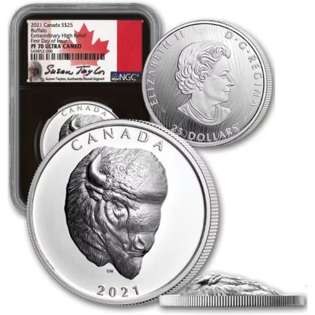 Canada 1 oz silver BUFFALO 2021 HIGH RELIEF $25 Proof NGC PF70 