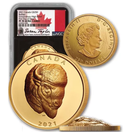 Canada 1 oz GOLD BUFFALO 2021 HIGH RELIEF $25 Proof NGC PF70