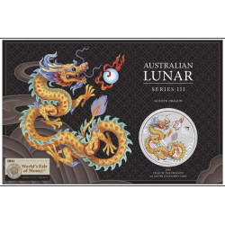 2024 1oz Australia Lunar Series III - Year of the Dragon - Golden Dragon .9999 Silver Coloured Coin In Card (ANA Special)