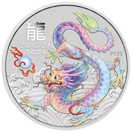 Australian Lunar Series III White Dragon 2024 Year of the Dragon 1oz Silver Coloured Coin in capsule