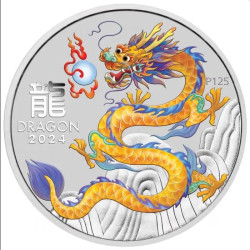 Australian Lunar Series III Yellow Dragon 2024 Year of the Dragon 1/2oz Silver Coloured Coin in capsule