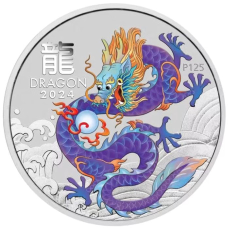 Australian Lunar Series III Purple Dragon 2024 Year of the Dragon 1/2oz Silver Coloured Coin in capsule