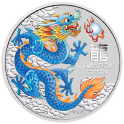 Australian Lunar Series III Blue Dragon 2024 Year of the Dragon 1/2oz Silver Coloured Coin in capsule