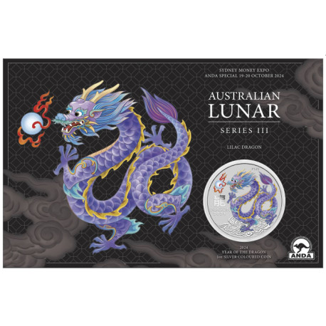 Melbourne Money Expo ANDA Special Australian Lunar Series III 2024 Year of the Dragon 1oz Silver White Coloured Coin in Card