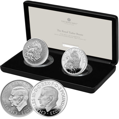 UK 2 oz Proof Silver The Tudor Beasts 2023 Yale of Beaufort 2-Coin Set (w/Box & COA)