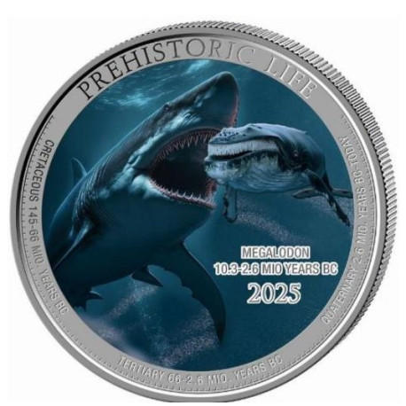 1 oz silver Prehistoric Life 2 CARNOTAURUS 2025 COLOURED bu 20FR BU